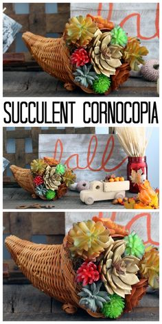 an arrangement of pine cones and flowers is shown in three different pictures with the words succulent corncopa