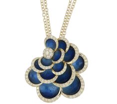 Ref. FF137PE320 Petals pendant, Yellow Gold, Yellow Diamonds, Blue Enamel, with a small Sapphire at the clasp. The Petals pendant, handcrafted in 18K yellow gold, features blue enamel, champagne diamonds, and a small sapphire clasp, resembling a raindrop and moon shimmer. Gold: g 17.05 | Yellow Dia: ct 1.34 | Sapphires: ct 0.02All weights are approximate. Slight variations may occur due to the nature of handmade craftsmanship. Blue Fine Jewelry With Detachable Pendant, Luxury Blue Necklace With Detachable Pendant, Blue Necklace With Detachable Pendant In Fine Jewelry Style, Round Diamond Pendant, Pink Sapphire Pendant, Malachite Pendant, Coral Pendant, Gold G, Gold Champagne