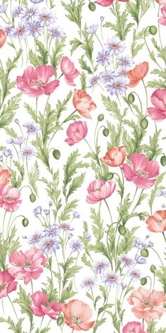 a floral wallpaper with pink, white and blue flowers