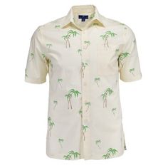 Weekender mens Aloha print short sleeve shirt with tropical prints. Made of 57% Cotton and 43% Viscose, this shirt features a spread collar,button-thru pocket, rear pleats and authentic Weekender buttons. The Aloha print design will turn heads with its beautiful colors vacation appeal. Casual Relaxed Fit T-shirt With Palm Tree Print, Hawaiian Button-up Tops With Palm Tree Print, Palm Tree Print Button-up Beach Shirt, Aloha Print, Hawaiian Style Cotton T-shirt With Tropical Print, Hawaiian Short Sleeve T-shirt With Palm Tree Print, Palm Tree Print, Hawaiian Print, Hem Style