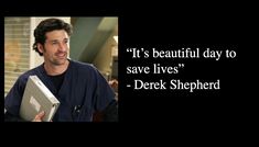 a man holding an apple computer in front of a quote from the tv show it's beautiful day to save lives