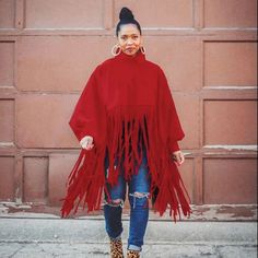 Nwot Poncho That Snaps Closed On Wrist And Zip For The Back. Free Flowing Soft Material Fringed Long Sleeve Poncho For Fall, Fringe Long Sleeve Poncho For Fall, Long Sleeve Fringe Poncho For Fall, One Size Winter Outerwear With Fringe, Red Long Sleeve Poncho, One Size, Winter Fringe Cape Outerwear, Oversized Fringe Cape For Fall, Red One-size Poncho Cape, Fall Fringe Cape Outerwear