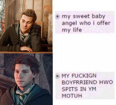 two pictures one with harry potter and the other with hogwarts texting on it