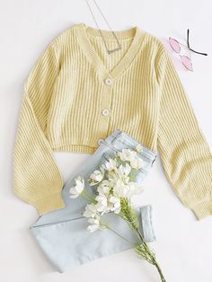 Mode Pastel, Cute Dress Outfits, Yellow Cardigan, Yellow Outfit, Simple Trendy Outfits, 가을 패션, Really Cute Outfits, Cute Simple Outfits, Teen Fashion Outfits