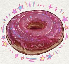 a pink donut with sprinkles and stars around it on a white background