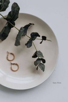 a white plate topped with a pair of gold hoop earrings next to a green plant