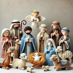 a group of crocheted nativity figurines