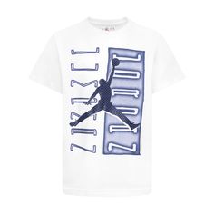 The Jordan Vertical Columns Youth Tee is a slam dunk in the basket of style. With the bold front design, complete with a Jumpman boldly placed, your kid will get the attention they want for their style game. Because it has a loose fit, your child will stay comfortable all day, from the time they get ready until bedtime. Fabric: 60% Cotton, 40% Polyester. Machine washable. Crew neck. Short-sleeved. Collegiate Basketball Tops With Graphic Print, Collegiate Graphic Print Tops For Basketball, Sporty Logo Print T-shirt For Basketball, Sporty Basketball T-shirt With Logo Print, Sporty Logo Print T-shirt, Soccer Shop, Newest Jordans, Slam Dunk, Top Graphic Tees