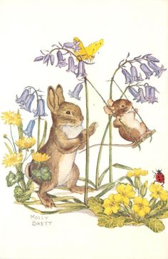 an illustration of two rabbits in the wildflowers and one is holding a flower