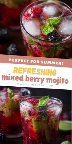 fresh berries and minty mojits in glasses with text overlay that reads perfect for summer refreshing mixed berry mojit