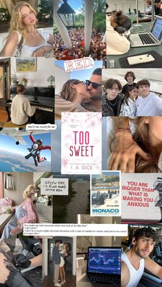 a collage of photos with people and laptops in the middle one has words that read too sweet