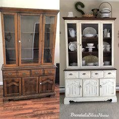 an old china cabinet is transformed into a dining room hutch