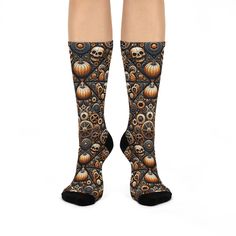 "Step into a world where steampunk meets Halloween with our 'Steampunk Gothic Gears and Skulls Pumpkin Socks'. Featuring intricately detailed gears, skulls, and pumpkins, these socks are the perfect fashion accessory for those who love unique and edgy designs. Whether you're dressing up for a Halloween bash or just want to add a touch of gothic flair to your everyday wardrobe, these socks make a statement. Ideal as a standout gift for friends and family who appreciate the fusion of vintage and dark aesthetics. Embrace the extraordinary with every step!" Gear Pattern, Pumpkin Socks, Socks Halloween, Halloween Mode, Victorian Elegance, Steampunk Halloween, Mechanical Gears, Skull Pumpkin, Unique Socks