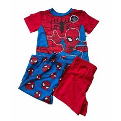 This Spiderman Toddler Boys Is Flame Resistant And Consists Of (3) Pieces: Short Sleeve Top Short Bottoms - Solid Red Long Bottoms - Spiderman Decals Playful Red Sleep Sets, Playful Red Sleepwear Sets, Red Playful Sleepwear Sets, Red Cartoon Print Cotton Sleepwear, Red Cotton Sleepwear With Cartoon Print, Red Cotton Sets With Cartoon Print, Red Cartoon Print Sets For Playtime, Red Character Print Loungewear Sets, Red Cotton Sets With Character Print