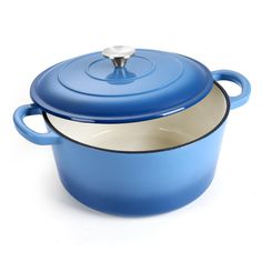 a blue casserole dish with a lid