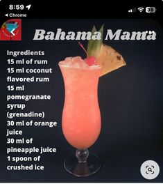 a pink drink with a pineapple garnish on the top and information about it