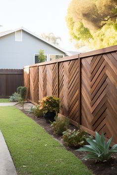 a wooden fence in front of a house with grass and plants on the side walk