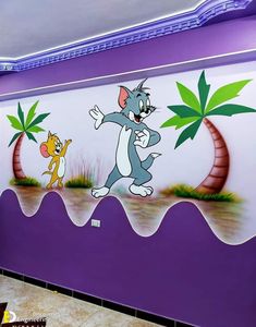 a cartoon cat and dog painted on the side of a wall in a room with tile flooring