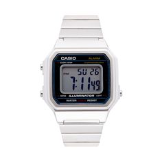 Reach back into time and rock a cool, retro-inspired look with this classic Casio men's digital watch.FEATURES Calendar: day & date Daily alarm Hourly chime 12/24-hour formats Chronograph: elapsed, split & 1st-2nd place times; measures 1/100-second increments for up to 60 minutes Approximate battery life: 7 years DISPLAY Illumination: LED backlight with afterglow Face cover material: mineral crystal CASE Material: silver-tone metal with stainless steel screw-down back Diameter: 43mm BAND Casual Watches With Analog Display And Rectangular Dial, Vintage Watches With Analog Display For Outdoor, Classic Outdoor Watch With Stopwatch, Vintage Outdoor Watches With Analog Display, Vintage Outdoor Watch With Analog Display, Vintage Analog Watches For Outdoor, Vintage Analog Outdoor Watch, Classic Digital Watch With Stopwatch For Outdoor, Classic Digital Watch With Rectangular Dial And Date Display