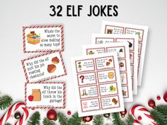 three elf jokes for christmas with candy canes and candies on the table next to them