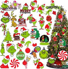 a christmas tree surrounded by various cutouts and stickers for the grin's