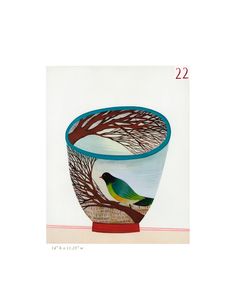 a painting of a bird perched on a tree branch in a vase with the number 22