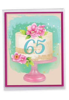 a birthday card with a cake and flowers on it, featuring the number fifty five