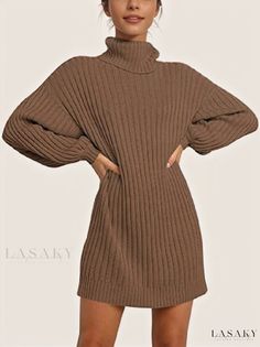 Lasaky - High Collar Long-Sleeved Sweater Knit Dress Short Sweater Dress Outfit, Casual Sweater Dress, Oversized Sweater Dress, Brown Sweater Dress, Sweater Dress Casual, Sweater Dress Oversized, Oversized Sweater Women, Long Knitted Dress, Long Sweater Dress