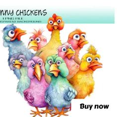 a group of chickens standing next to each other on top of a white background with the words jimmy chickens written below it