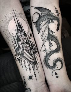 two people with tattoos on their arms and legs, one has a dragon flying over the other