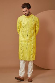 Bright yellow silk kurta with thread and mirror embroidery. Comes with pant. - Aza Fashions Mirrorwork Embroidery, Yellow Kurta, Kurta For Men, Types Of Work, Yellow Silk, Cocktail Reception, Fabric Silk, Pant Set, Embroidered Silk