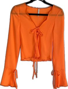 Orange V-neck Blouse For Party, Orange V-neck Blouse For Brunch, Tie Blouse, Neon Orange, Sheer Top, Color Orange, Size 4, Neon, Brand New