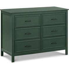 a green dresser with four drawers and two doors on each side, in front of a white background