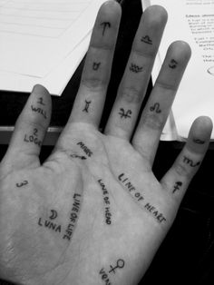 a person's hand with some writing on it and two fingers in the middle