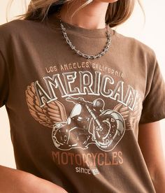 Desert Dreamer American Motorcycles T-Shirt - Brown Large, Women's Washedcocoa Embroidered graphic t-shirt Bust measures 30 on size small Body length 20 on size small. 100% Cotton. Machine wash cold with like colors. No bleach. Tumble dry low. Do not iron if decorated. Apparel & Accessories > Clothing > Shirts & Tops Brown Graphic Print T-shirt, Brown Short Sleeve T-shirt With Graphic Print, Brown Graphic Print T-shirt With Short Sleeves, Brown Graphic Tee With Logo Print, Brown Text Print T-shirt For Summer, Brown Graphic Tee With Text Print, Brown Graphic Tee T-shirt, Trendy Brown Tops With Text Print, Fall Short Sleeve T-shirt With Logo Print