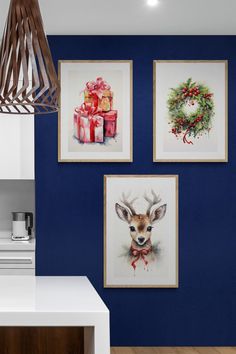 three framed pictures hang on the wall above a kitchen counter and below a christmas wreath