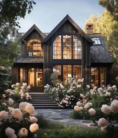 a large house with lots of windows and flowers in the front yard, along with steps leading up to it