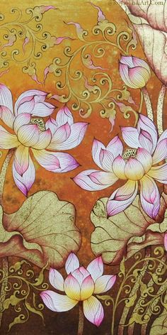 Authentic handmade Lotus Painting Canvas Wall Art by Thai artists for sale. Buy Art Paintings for Sale Online with Worldwide Shipping Available Water Lily Painting, Thai Painting, Gold Leaf Wall, Painting Lotus, Lotus Flower Painting, Water Lilies Painting, Lotus Painting, Popular Paintings, Red Lotus