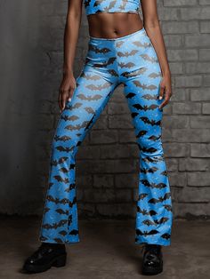 High Waisted Flare Bottoms Material: Polyester Mix Stretchy Fabric Leggings Style Fit Inseam: 29" XS/S Waist: 23.5"- 26" M/L Waist: 27"- 34" Blue Flare Pants With Elastane, Blue Flare Pants In Elastane, High Waist Bottoms For Halloween Night Out, Fitted Full-length Pants For Festival, Halloween Stretch Wide Leg Bottoms, Halloween Wide Leg Stretch Bottoms, Stretch Bottoms For Halloween Party, Stretch Bottoms For Halloween Night Out, Fitted Casual Pants For Halloween