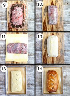 the steps to make ham sandwiches are shown in four different stages, including bread and meat