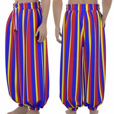 What could be more clowny than long balloon pantaloon clown pants in kidcore nostalgic primary color stripes of red yellow and blue?!? Level up your professional clowning style or get yourself the nicest Halloween clown costume pants imaginable. Yummy soft and warm waffle knit fabric is fantastic for chilly Fall outdoor events or chilly indoor air-conditioned events. These are so comfortable that you may just want to keep them on for bed as cozy sleepwear lounge pants. Circuscore classic stripes will go with all kinds of clowncore fashions and of course the side pockets can carry a few extra red noses or silly props. ❤️ Fabric: Poly Waffle (95% polyester and 5% spandex) 💛 Regular fit PLEASE DON'T GUESS YOUR SIZE! Measure from a pair of pants that fit you well and compare to our chart. Tha Clowncore Fashion, Clowncore Outfit, Clown Pants, Costume Pants, Silly Clothes, Clown Clothes, Funky Hats, Cozy Sleepwear, Halloween Clown