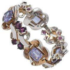 Retro bracelet by Mazer in gold tone and silver metal featuring lavender and purple stones accented by small rhinestones in a repeated link design. Flexible Bracelet, Pearl Clasp, Retro Bracelet, Gray Jewelry, Ruby Bracelet, Gold Link Bracelet, Link Design, Retro Jewelry, Rose Gold Bracelet