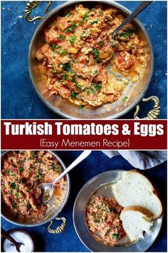 two pictures showing different types of food and the words turkish tomatoes & eggs on them