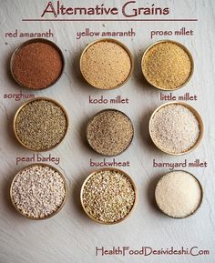 different types of grains in bowls on a white surface with the words alternative grains above them