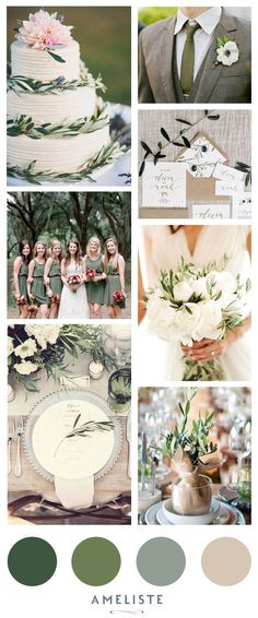 a collage of photos with green and white flowers, greenery, wedding colors