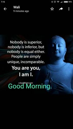 a buddha statue with the words good morning in green and blue text on black background