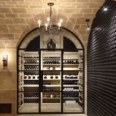 iron-french-single-door-with-double-sidelights-and-round-transom-3-lite-glass Wine Cellar Ideas, Wine Room Design, Cellar Ideas, Wine Cellar Basement, Steel French Doors, Wine Cellar Door, Wine Closet, Home Wine Cellars, Wine Cellar Design