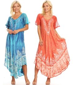 This caftan dress features embroidered lace cap sleeves with detailed embroidery designs, and a unique hand dyed tie dye wash. The neck of the caftan has a lined adjustable corset enclosure at neck that can be left undone or tied. The caftan is lightweight and drapes beautifully. Rayon Short Sleeve Dress For Beach, Embroidered Short Sleeve Dress For Beach Cover-up, Embroidered Short Sleeve Beach Cover-up Dress, Embroidered Short Sleeve Dress For Beach, Floral Embroidery Short Sleeve Beach Cover-up Dress, Beach Cover-up Dress With Floral Embroidery And Short Sleeves, Short Sleeve Floral Embroidery Dress For Beach, Beach Season Embroidered Tunic Dress, Short Sleeve Embroidered Dresses For Beach Season