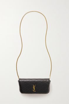 SAINT LAURENT scales down its signature 'Gaby' bag into a chic phone case - the compact shape is such an elegant choice for the evenings. Made from quilted leather, it's centered with the brand's signature 'YSL' hardware and has a matching gold chain shoulder strap. Luxury Leather Clutch With Mobile Phone Bag, Luxury Leather Wallet On Chain For Parties, Chic Formal Wallet On Chain With Mobile Phone Bag, Chic Formal Wallet On Chain With Phone Bag, Formal Rectangular Wallet On Chain With Phone Bag, Luxury Formal Wallet On Chain With Mobile Phone Bag, Classic Evening Clutch With Mobile Phone Bag, Chic Evening Wallet On Chain With Phone Bag, Elegant Leather Wallet On Chain With Mobile Phone Bag