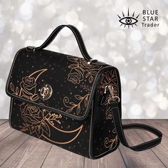 "Show off your personality with this witchy moon purse. Carry as a handbag or shoulder bag. ► ABOUT THIS PURSE Colors: Black, Rose Gold and Copper Design: moon, roses flowers, dots, leaves The design is printed on all sides.  TRIM SELECTION You can customize your handbag with either vegan brown trim and straps or black vegan trim and straps. Make your selection before adding to cart. This is a rigid purse. See video. * Made from high-grade waterproof canvas, durable, water-resistant. This is a T Black Canvas Satchel Bag, Witchy Purse, Moon Purse, School Bag College, Canvas Satchel, Business Briefcase, Copper Design, Cute Womens, Canvas Purse